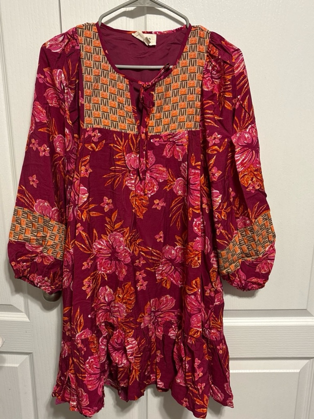 Umgee Burgundy Floral Asymmetrical Tunic with Pink and Orange Accents